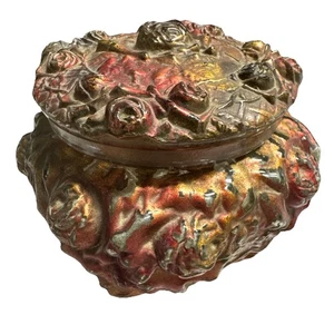Vintage Iridescent Rose Lidded Trinket Jar — Pressed Glass Carnival Style Goofus - Picture 1 of 7