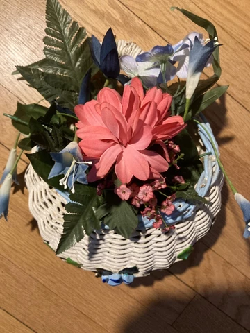 Hanging White Wicker Basket with Blue Flowers  and Floral Arrangement Cover