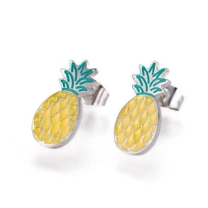 Stainless Steel Enamel Stud Earrings Back Pineapple Yellow Silver 16x7 2mm A163 - Picture 1 of 2