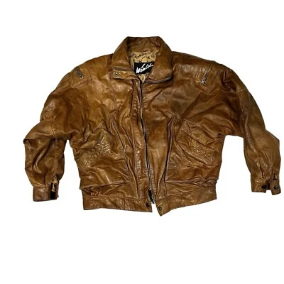 Chaqueta de bombardero de cuero Winlit vintage para mujer marrón talla M 22”L x 16”W Foto 1 de 4