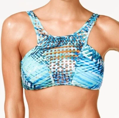 Kenneth Cole Mujer Deportivo Empalme Cuello Alto Bikini Top Swinsuit, Azul Multi, S Foto 1 de 2