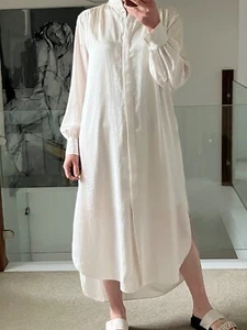 AllSaints Aga Shirt Dress Ivory Satin Long Sleeve Pockets Size Small Tall - Picture 1 of 22