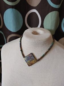 Vintage necklace rainbow jasper beads silver tone metal diamond shaped focal