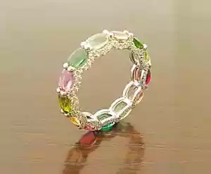 Lab-Created Oval Multi Gemstone & Round White Sapphire Colorful Eternity Ring - Picture 1 of 7