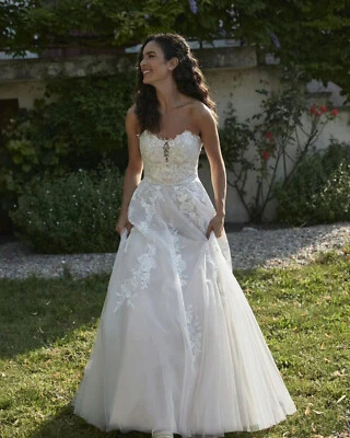 Brautkleid Hochzeitskleid Weiß Ivory Spitze Aufkleber A-Linie Maßgeschneidert - Bild 1 von 4