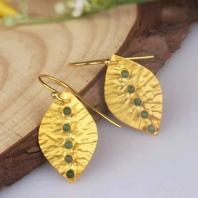 Natural Emerald Handmade Leaf Earrings 18k Gold Plated Gemstone Jewelry - image 1 of 3