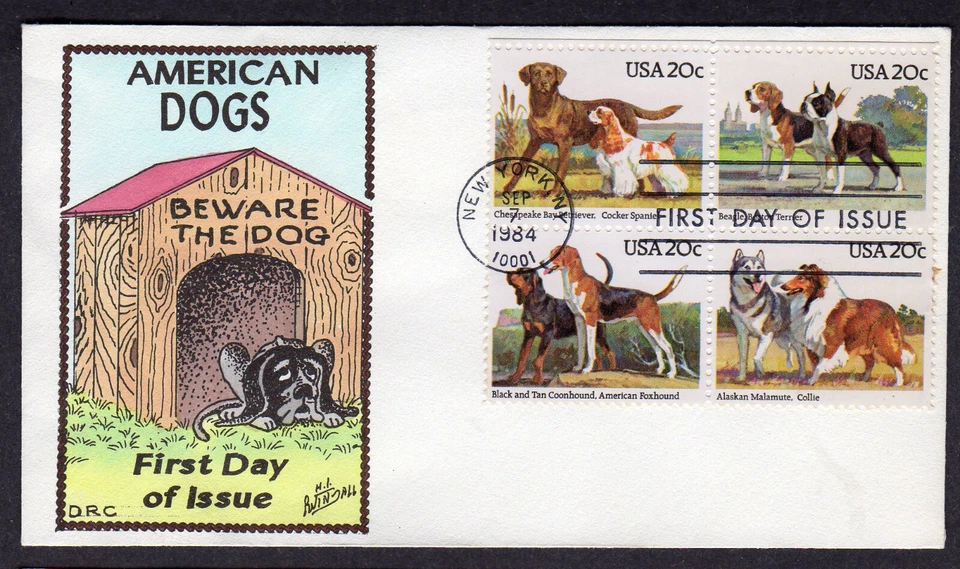 1984 Dogs Block of 4 (2101a) - H/P Signed Rick Chase FDC TB144 - Image 1 of 1