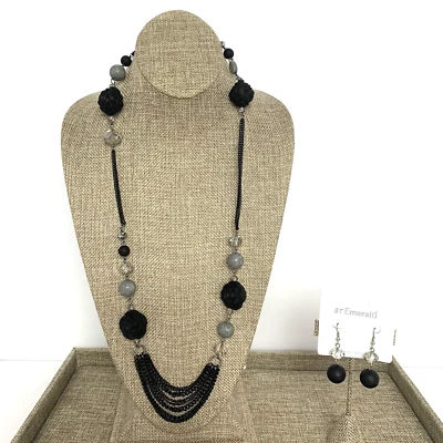 Conjunto de joyería de moda piedra de resina tono negro cadenas collar y pendiente conjunto NUEVO Foto 1 de 4