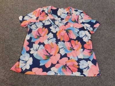 Alfred Dunner上衣大号蓝色花卉粉色沿海弹力女式聚酯纤维 — 第 1/4 张图片