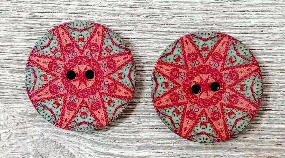 flowers boho wood sewing buttons 2 holes 1 inch (set #1309) 2pc - Image 1 of 2