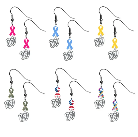 Washington Nationals Ribbon Earrings Pink Cancer Blue Yellow Camo USA Crucial Cover