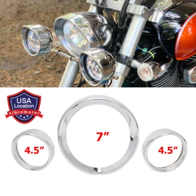 Chrome 7" Headlight 4.5" Fog Lamp Visor Cover Trim Ring Bezel For Harley Glide - Imagem 1 de 4