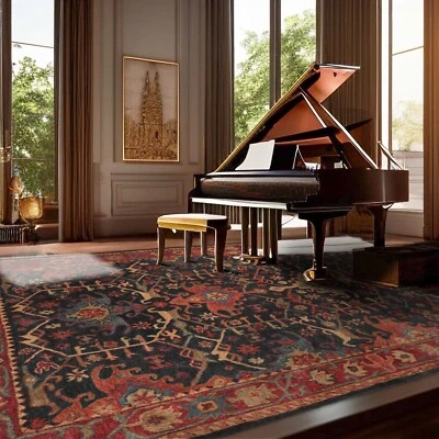 Alfombra artesanal de varios tamaños hecha a mano 100 % lana - azul oscuro, vino, naranja Foto 1 de 4