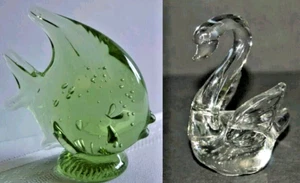 1980s Glass Paperweight Figurine Ocean Tropical Fish Green & Clear Swan Set of 2 - Picture 1 of 16