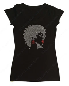 Women's Rhinestone T-Shirt Afro Girl w/ Red Earrings & Lipstick in - Sm to 3X - Picture 1 of 7