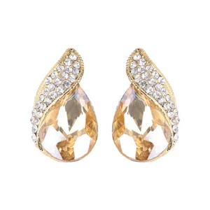 Non-Pierced Gold Plated Champagne Crystal Teardrop Stud Style Clip On Earrings - Picture 1 of 4