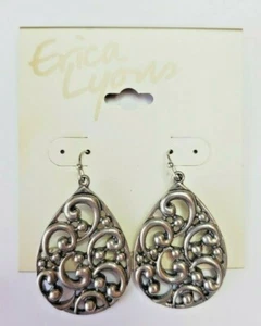 Erica Lyons Silver Tone French Wire Drop Earrings Teardrop Scroll Filigree Dot - Picture 1 of 2