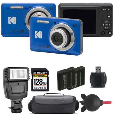 Kodak PIXPRO FZ55 Digital Camera (Blue) + Extra Battery + Flash - 128GB Kit
