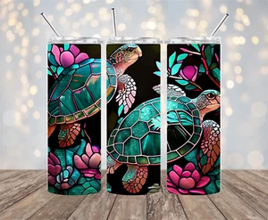 Buntglas Schildkröten 20 Unzen Thermo Dünn Becher mit Schiebeverschluss Deckel, Strohhalm - Bild 1 von 1