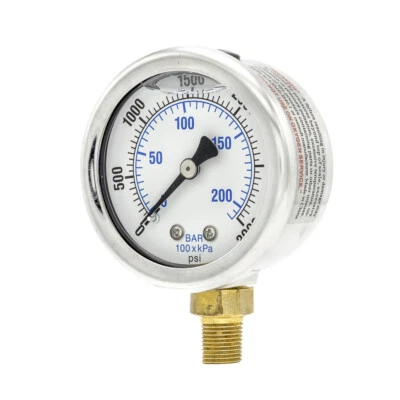 PRO-EDGE INDUSTRIAL PNEUMATICS AND CONTROLS Liquid Filled Lower Mount Pressure Gauge with 2" Dial, 0-3000 PSI, 1/8" Male NPT