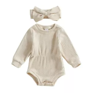 Newborn Baby Girl Fall Outfits Long Sleeve Ribbed Knit Jumpsuit Romper with H... - Picture 1 of 8
