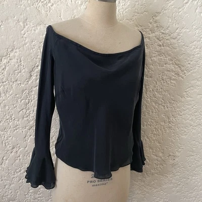 Blusa Vintage Ralph Lauren Seda Negra Con Volantes Manga Campana Fuera del Hombro Talla 8 Foto 1 de 4