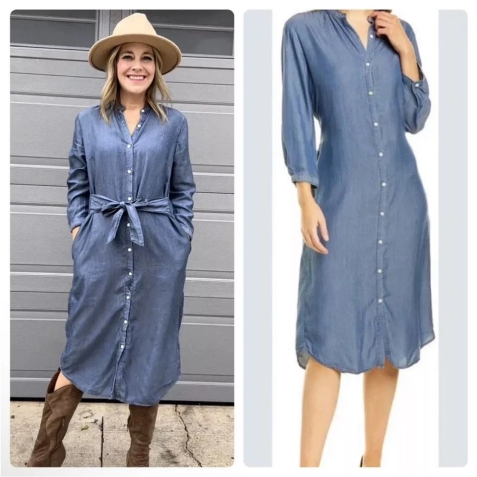 Vestido Midi J. McLaughlin Chambray Leve Denim Amarrado com Botões Tamanho M - Imagem 1 de 4