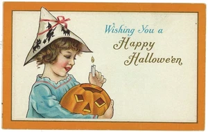 Antica cartolina Halloween 1909 ragazza carta cappello strega candela JOL zucca vintage - Foto 1 di 2