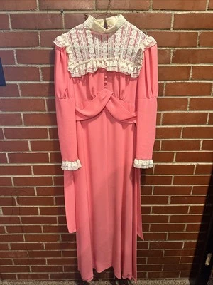 Vintage Handmade Prairie Dress Pink And White Lace - Image 1 of 4