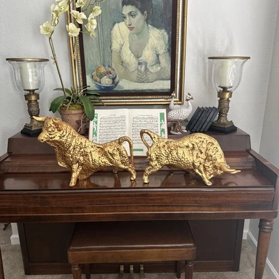 Mid Century Gold Ceramic Sculptures Of Bulls ( Pair) - Image 1 of 4