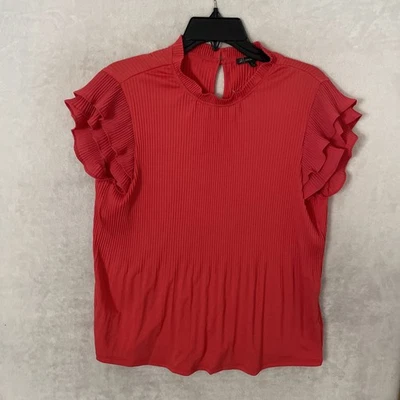 Adrianna Papell Womans Blouse Top Coral Red Small Polyester Short Sleeve Round - Image 1 of 4
