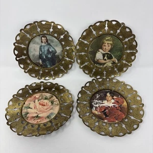 Vintage Brass Tone Metal Round Butterfly Framed Hanging Pictures 4 PC England - Picture 1 of 16