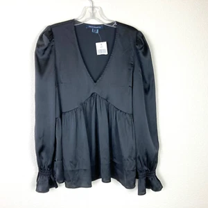 French Connection V-Neck Babydoll Blouse Size S Black Satin Balloon Sleeve - Picture 1 of 4