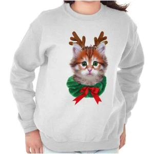 Cute Christmas Cat Xmas Reindeer Kitten Bow Youth Fleece Sweatshirt Boy or Girl - Picture 1 of 7