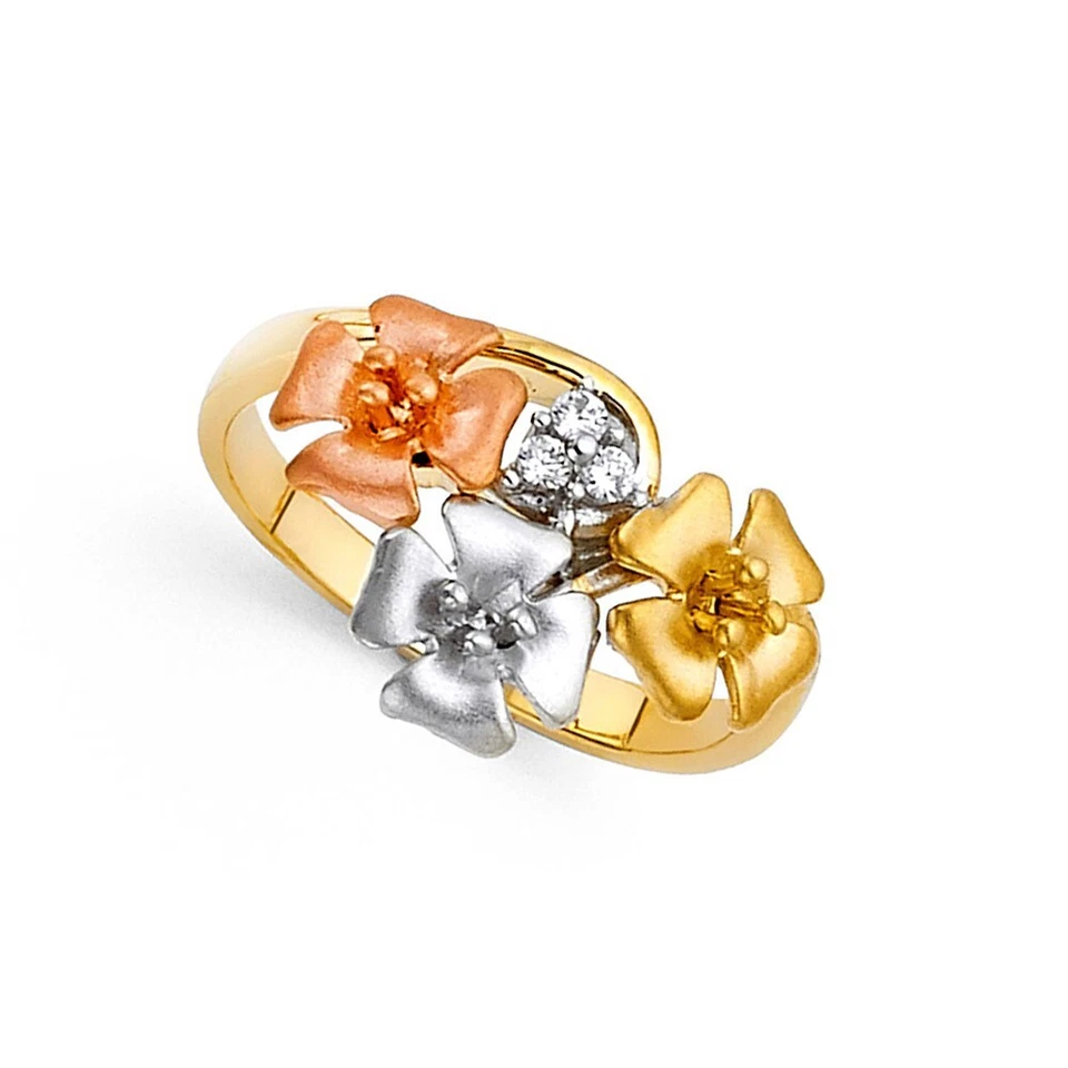 ORO - 14K Anillo Flor Elegante Circonita Cúbica Oro Tricolor Foto 1 de 4