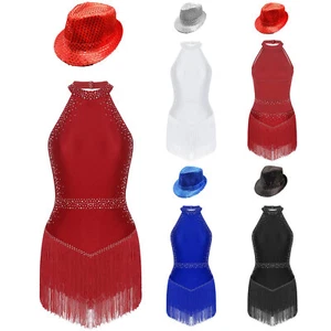 Women's Backless Fringe Bodysuit with Sequin Hat for Ballroom Latin Tango Dance - Picture 1 of 34