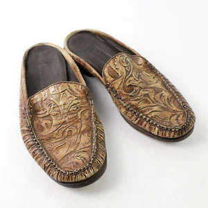 Cole Haan Country Elkins Brown Tooled Leather Mules Slip On Women's Size 9 - Picture 1 of 5