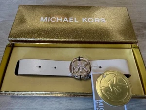 MICHAEL KORS Women's 25mm Pave MK Logo Belt Boxed Gift Set Lt Cream New! - Picture 1 of 5