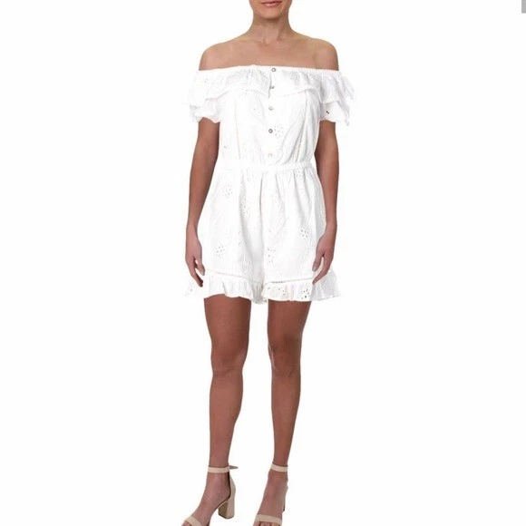 Mameluco Aqua para mujer con ojales fuera del hombro blanco con volantes talla M Foto 1 de 4