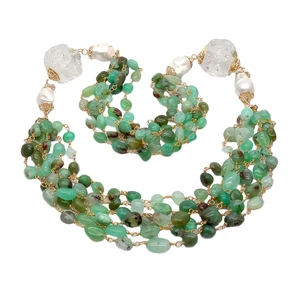 30" 5 Strands Natural Green Chrysoprase Quartz Rough White Keshi Pearl Necklace - Picture 1 of 10