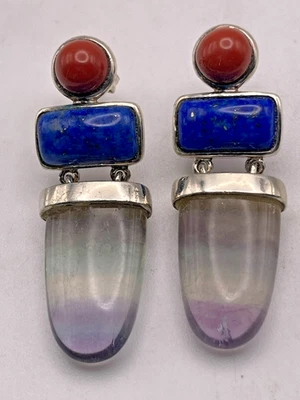 纯银网状悬垂耳环珊瑚绿叶和紫水晶 — 第 1/4 张图片