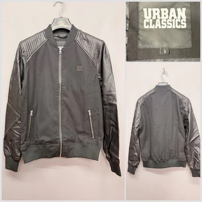 URBAN CLASSICS Men's Black Faux Leather Bomber Biker Jacket Small - Image 1 of 4