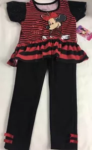 Disney Minnie Mouse Tunic Red & Black Long Pants 2 Piece Outfit Girls Sz 5 - Picture 1 of 11