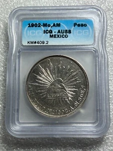 1902 Mo AM Mexico Cap & Rays Silver Peso ICG AU58 Free Shipping - Picture 1 of 2