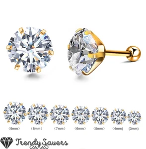 18ct Gold Plated Ball Back Screw Surgical Steel Cubic Zirconia Stud Earrings - Picture 1 of 9