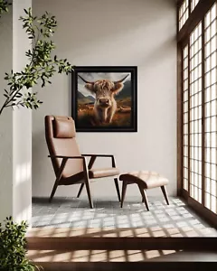 Black Framed Highland Cow In The Mountains Printed Onto Velvet - Picture 1 of 5