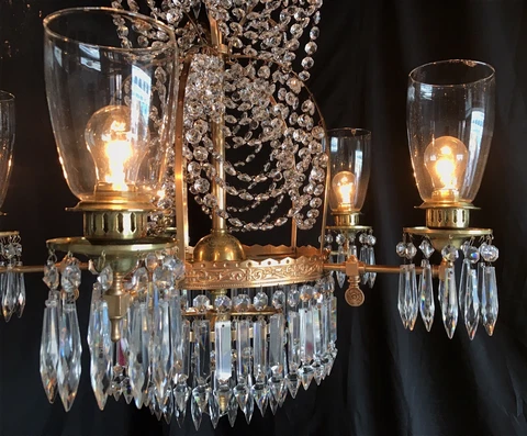 Impressive 5 Light American Gasolier Bronze Brass Crystal Chandelier, circa 1870 Cover