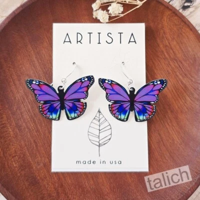 Artista Earrings 'Rising' Large Purple Multicolor Butterfly Lightweight Unique - Image 1 of 4