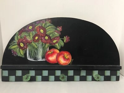 Coat Hat Key Rack Apples Flowers Original Acrylic Painting On Wood Signed 20x12” - Image 1 of 4