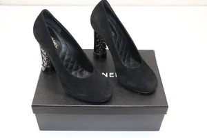 CHANEL Black Suede Pumps with Gunmetal Quilting at Heel 94305 - Size 38 / US 8 - Picture 1 of 15